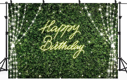 Riyidecor Green Happy Birthday Backdrop Polyester Fabric for Woman Rustic Spring Leaf Grass Neon 8Wx6H Feet Plant Botanical Leaves Nature Photography Background Birthday Baby Shower Photo Studio Shoot