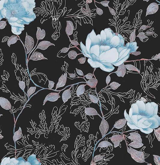 Black Blue Floral Peel and Stick Wallpaper Flowers Contact Paper 17.5"x118" Self Adhesive Waterproof Vintage Dark Floral Wall Paper for Shelf Liner Cabinet Decor