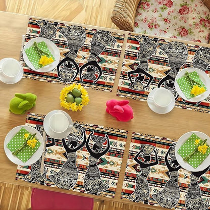 Southwestern Placemats Set of 6, African Woman Place Mats, Rustic Dancing Women with Pot on The Head Dining Table Mats, Washable Placemats for Kitchen Dining Room 18L'' × 12W''