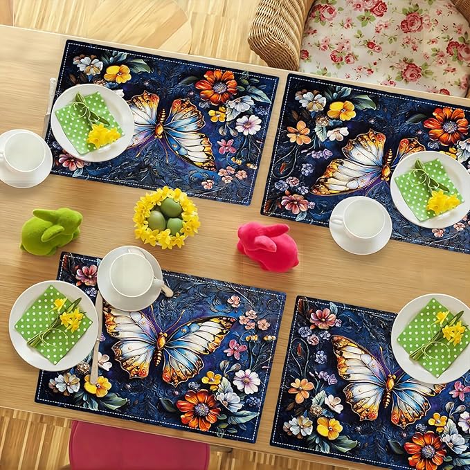 Colorful Butterfly Placemats Set of 6, Spring Place Mats, Florals Dining Table Mats, Rustic Washable Placemats for Kitchen Dining Room Home Decor 18L'' × 12W''