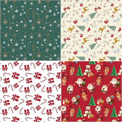 4 Rolls Christmas Wrapping Paper, 17 Inch x 16.5 Feet per Roll, Totaling 94 sq. ft. – Teal Ornaments, Cream Reindeer Mittens & Skates, Red Santa with Trees, White Gifts & Candy Canes – Eco-Friendly Durable Coated Paper Gift Wrap