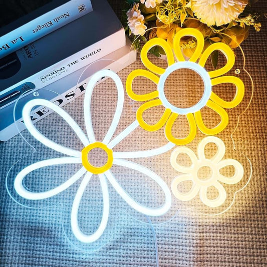 Daisy Flower Neon Sign, 13.39x13.23 inches, Cool White+Warm White+Yellow, Acrylic, Wall Mount, LED, Boho Flower, Decorative Signage for Home Decor, Gifting, Boho Vintage Decor