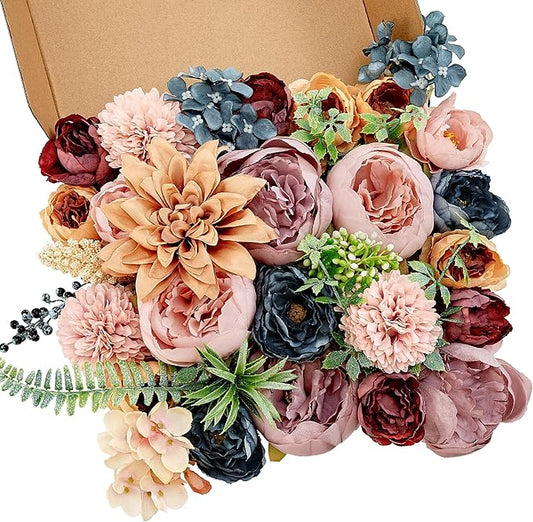 Artificial Flowers, Fake Peony Flower Combo Box Set, Silk Flowers with Wire Stem for DIY Wedding Bridal Bouquet Shower Party Home Décor (Multi-Color)