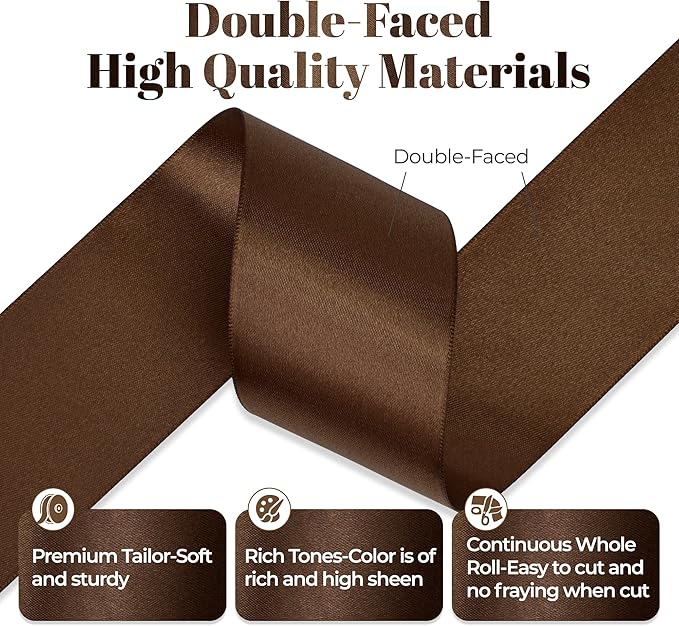 Brown Satin Ribbon, Double Faced 2 Inch X 50 Yards Brown Ribbon, Premium Satin Ribbon for Gift Wrapping, Crafts, Hair Bow Making, Sewing, Flower Bouquet, Wedding Party Decor