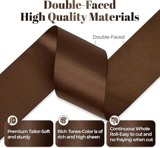 Brown Satin Ribbon, Double Faced 2 Inch X 50 Yards Brown Ribbon, Premium Satin Ribbon for Gift Wrapping, Crafts, Hair Bow Making, Sewing, Flower Bouquet, Wedding Party Decor