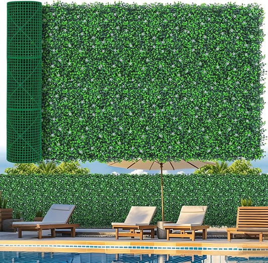48"x 120"(40 sq.ft) Artificial Boxwood Roll Panels with Flowers, UV-Anti Faux Ivy Leaves Privacy Fence Screen, Grass Wall Roll Panels for Indoor Home Decor and Outdoor Garden Backyard
