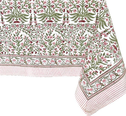 ATOSII Nargis Pink 100% Cotton Rectangle Spring Tablecloth, Handblock Floral Print Linen Table Cloth for Kitchen Dining I Parties, Outdoors, Weddings, Summer I 72 X 108 Inches I 8 Seater