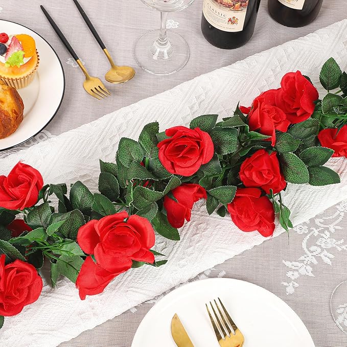 Aneco 4 Pack 32 FT Red Flower Garland Artificial Rose Vines Roses Fake Vine Flowers Plants Party Supplies for Holiday Wedding Garden Craft Art Decoration