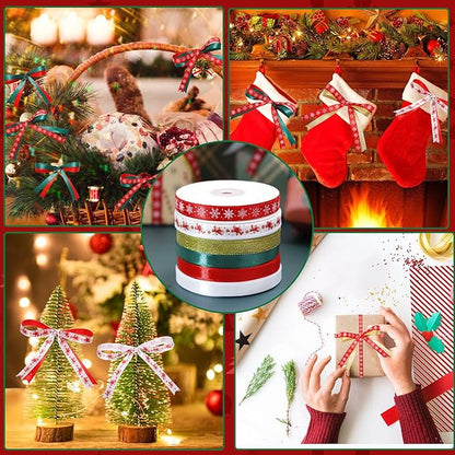 6 Rolls Christmas Ribbon for Crafts 3/8 Inch Glitter Fabric Holiday Festival Grosgrain Ribbon for Wrapping Decoration Floral Bows Craft(Gingerbread)