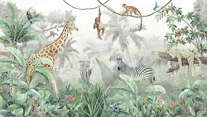Kids Wallpaper Tropical Leves and Safari Animals Wall Mural for Wall Bedroom Living Room TV Background Sofa Wall（Not Peel and Stick）