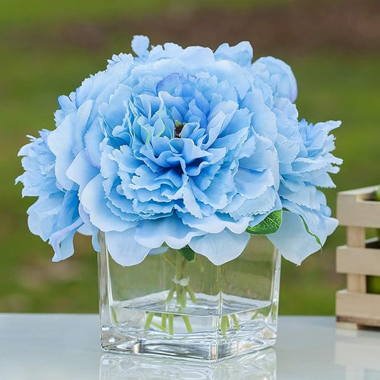Enova Home Silk Peony Flowers Arrangements in Cube Glass Vase with Faux Water for Home Table Wedding Centerpiece Decoration (Blue)