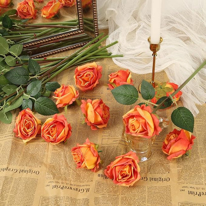 IPOPU Artificial Flowers Heads Bulk 12pcs Artificial Roses Heads Sunset Fake Flowers Bulk for Silk Flower Arrangements Rustic Wedding Decor Bridal Shower Decorations (Sunset)