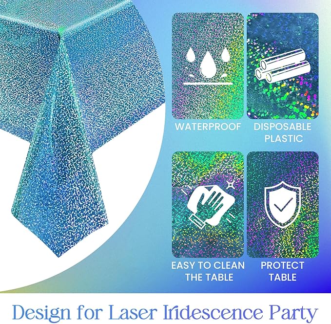 8pcs Blue Holographic Laser Tablecloths 40" x 108" Plastic Table Cloths for Parties Shimmer Shiny Party Decoration for Winter Ocean Princess Birthday Party Wedding Baby Shower Christmas Decor