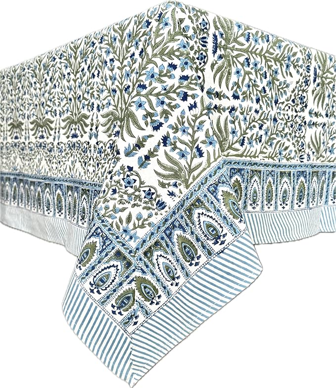 ATOSII Nargis Blue 100% Cotton Rectangle Summer Tablecloth, Indian Block Print Floral Table Cloth I Dining Parties Weddings Outdoors Holidays 60 X 90 Inches 6 Seater I Grandmillennial Farmhouse Boho
