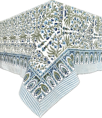 ATOSII Nargis Blue 100% Cotton Rectangle Summer Tablecloth, Indian Block Print Floral Table Cloth I Dining Parties Weddings Outdoors Holidays 60 X 60 Inches 4 Seater I Grandmillennial Farmhouse Boho