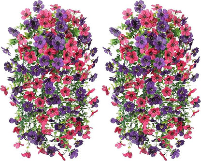 Artificial Faux Hanging Flowers Plants for Spring Outdoor Outside Decoration, 2 PCS Fake Silk Daisy with Eucalyptus UV Resistant Realistic Trailing Vines for Balcony Patio Porch (Darkpurple+Hotpink)