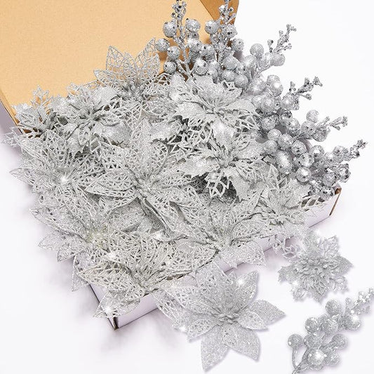 Zhuqing 22Pcs Christmas Poinsettia Artificial Flowers and Glitter Berries Stems Kit, 16Pcs Christmas Tree Flowers Ornaments and 6 Pack Christmas Tree Picks for Wedding Holiday Decorations (Silver)