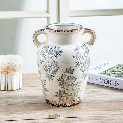 Enra Vintage vase with Handle,9.4 inch Blue and White Ceramic Decorative Flower vase, Chinoiserie Floral Vase,Large Rustic Vases for Home Decors, Living Room, Bookshelf, Office
