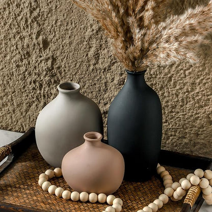 Ceramic Vase Set of 3, Modern Rustic Pottery Vases for Home Decor,Farmhouse Flower Vase for Pampas Grass, Dried or Fresh Flowers, Decorative Vases for Living Room, Bedroom, Bookshelf, or Table.