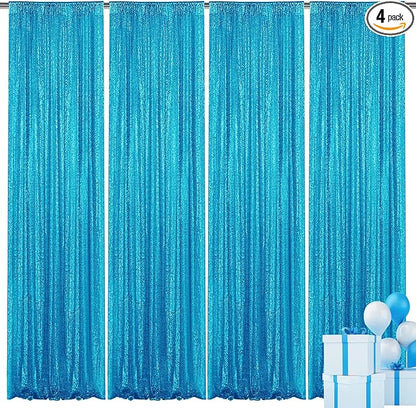 Turquoise Sequin Backdrop Curtain 4 Pieces 2FTx8FT Glitter Photography Backdrop for Party Wedding Birthday Christmas Decorations