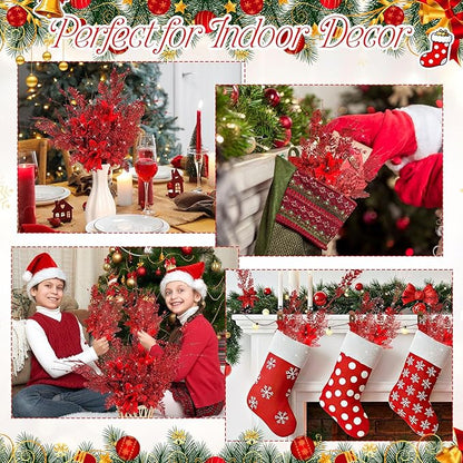 18 Pack 3 Styles 17 Inch Christmas Glitter Poinsettia Berry Stems Ornaments Artificial Floral Branches Picks for Christmas Tree Home Vase Holiday Party Decor(Red)