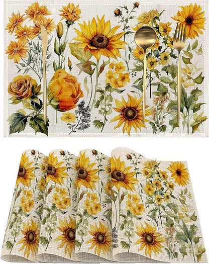 Retro Sunflower Placemats Set of 4, Flower Plants Place Mats Non-Slip Heat Resistant Washable Placemat for Party Kitchen Dining Table Decoration Indoor Outdoor 12x18 Inch