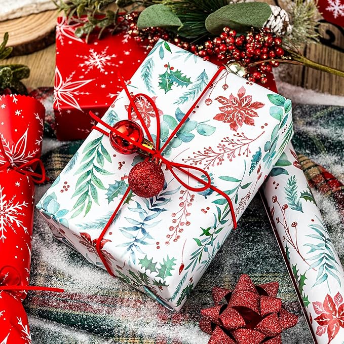 Yarcony Christmas Wrapping Paper, Holly Wrapping Paper, Vintage Watercolor Poinsettia, Floral Botanical & Winter Green Pattern Neutral Christmas Gift Wrap for Holiday, Celebration (17 Inch x 33 Feet)