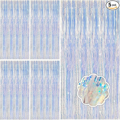 5 Pack Iridescent Neon Party Decorations Sparkly Tinsel Backdrop Foil Fringe Curtain Glitter Curtains for Birthday Party Ocean Theme Valentines Bachelorette Holiday Decorations