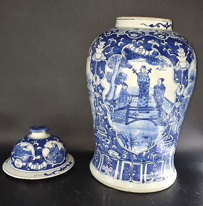 19" Antique Like Finish Blue and White Ginger Jars Porcelain Temple Ceramic Ginger Jar Vase, Antient Warriors China Ming Style, Jingdezhen(L4)
