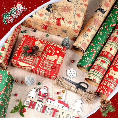 Panigkids Christmas Wrapping Paper Set with Jute Twine, Red, Green & Natural Kraft Rolls with Candy Canes, Reindeer & Merry Christmas Print (17 inch x 17 ft) 4 Rolls