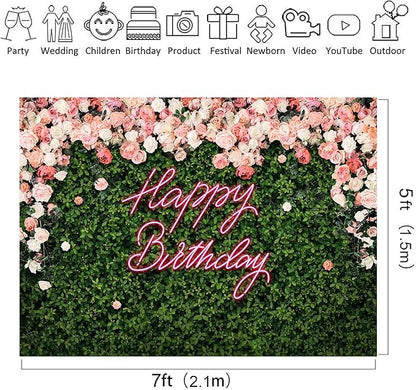 Riyidecor Happy Birthday Backdrop for Women，Girls Flower Wall Pink Rose，Green Leaves Floral Blossom Botanical Plant Nature 7Wx5H Feet Photography Background 30 Birthday Photo Studio Shoot Fabric