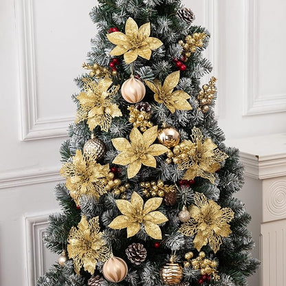 24Pcs Gold Glitter Poinsettia Christmas Tree Ornaments and Glitter Berries Stems, 16Pcs Christmas Artificial Flowers and 8 Pack Christmas Tree Picks for Wedding Holiday Decorations