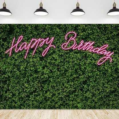 Riyidecor Neon Happy Birthday Backdrop Polyester Fabric Green Grass Leaf Rustic Spring Leaves Plant 8Wx6H Feet Pink Nature for Woman Photography Background Birthday Photo Studio Shoot