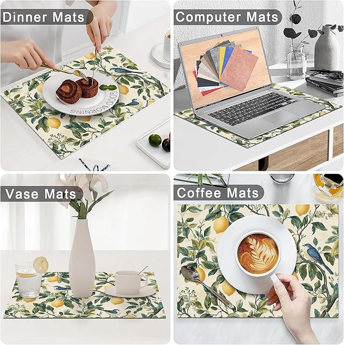 Lemon Placemats Set of 4 Washable Table Mats Summer Yellow Lemonade Stand Heat-Resistant Cotton Linen Place Mats for Dining Table Kitchen Indoor Outdoor Party Holiday Décor