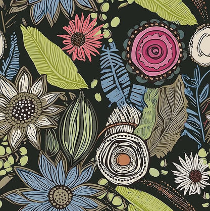 Boho Wallpaper Peel and Stick,Dark Green Vintage Floral Contact Paper, Retro Botanical Flowers Bohemia Wall Paper Self Adhesive Removable Waterproof for Bathroom Shelves Cabinet Table 17.5" x 118"