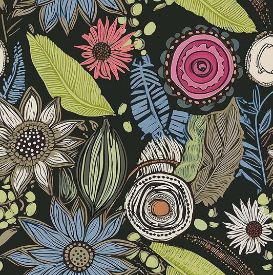 Boho Wallpaper Peel and Stick,Dark Green Vintage Floral Contact Paper, Retro Botanical Flowers Bohemia Wall Paper Self Adhesive Removable Waterproof for Bathroom Shelves Cabinet Table 17.5" x 118"