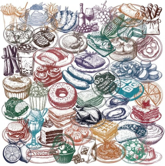 50PCS Food Stickers, Transparent PET Cartoon Line Art Decals of Cakes, Bread, Sushi, Fruits, Fries for Scrapbooking, Journaling, Water Bottles, Laptops, DIY Crafts & Gift Decor