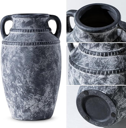 Farmhouse Rustic Ceramic Vase with Handles, 11 inch Gray-White Textured Modern Terracotta Vintage Vases for Home Decor Centerpieces Table Pottery Barn Furniture Decorative (Tall - C)