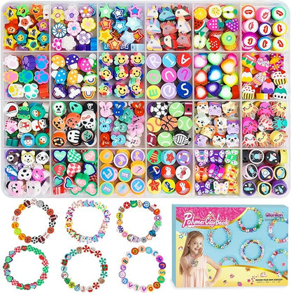 Gionlion 500 Pcs Polymer Clay Beads Bracelet Making Kit，24 Style Animal Fruit Flower Butterfly Bunny Pony Letter Beads Charms for Jewelry Making, DIY Art and Crafts Toys Gifts for 4+ Year Old Kids