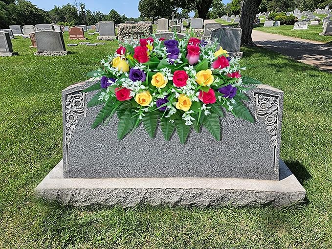 Artificial Cemetery Flowers Saddle-Shaped Tombstone Decorations Non-Fading UV-Resistant（Yellow+Purple+Brilliant Red Saddle）