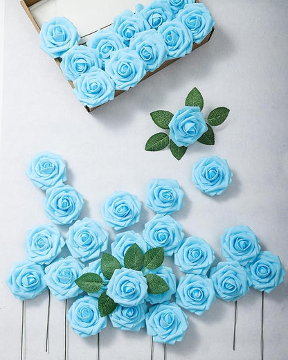 DuHouse 25Pcs Artificial Roses Flowers Fake Rose with Stems Real Touch Foam Flowers for DIY Wedding Bouquet Baby Shower Centerpiece Floral Arrangement Party Home Decor (Sky Blue)