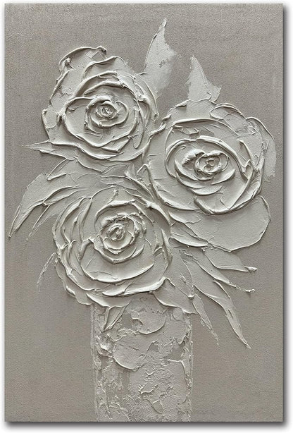 moshinart 24 x 36in Hand-Painted Oil Painting 3D Texture Black White Grey Modern Minimalist Black Abstract Wall Art, Home Office Wall Decoration White Rose