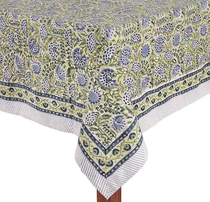 ATOSII Amara 100% Cotton Fall Tablecloth, Handblock Floral Print Rectangle Linen for Kitchen Dining I Parties Wedding Outdoors Picnics Easter I Spring Summer 72 X 108 Inches I 8 Seater Table
