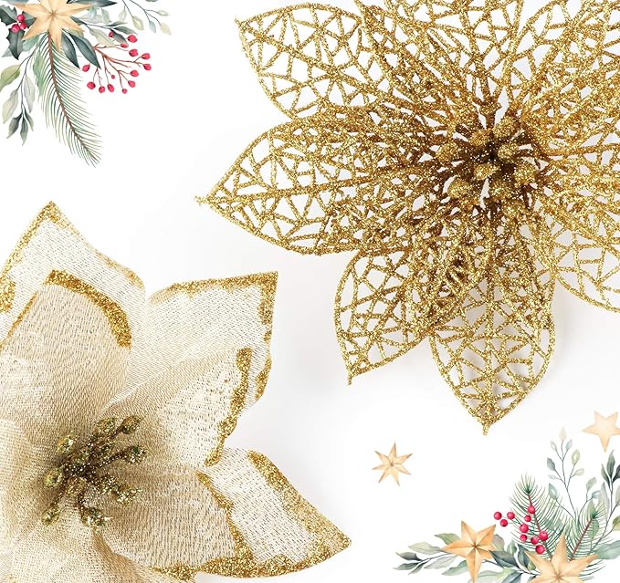 ilauke 24Pcs Gold Poinsettias Artificial Christmas Flowers, 6" Glitter Artificial Christmas Flowers with 30 Clips, for Xmas Tree Decorations Wedding Party Fireplace Stairs Decor
