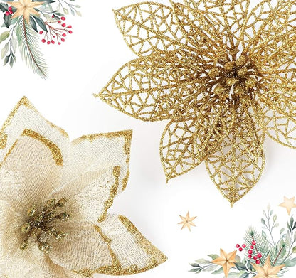 ilauke 24Pcs Gold Poinsettias Artificial Christmas Flowers, 6" Glitter Artificial Christmas Flowers with 30 Clips, for Xmas Tree Decorations Wedding Party Fireplace Stairs Decor