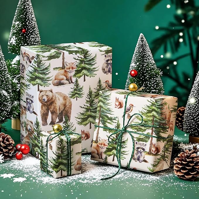 WRAPAHOLIC 30 Inch Kraft Christmas Wrapping Paper - 30 Inch x 33 Feet - White Wild Animal Winterfall Watercolor and Christmas Tree Wrapping Paper Perfect for Holiday, Party