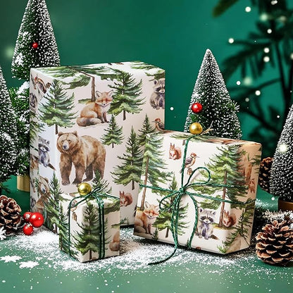 WRAPAHOLIC 30 Inch Kraft Christmas Wrapping Paper - 30 Inch x 33 Feet - White Wild Animal Winterfall Watercolor and Christmas Tree Wrapping Paper Perfect for Holiday, Party
