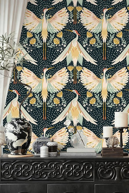 HAOKHOME Crane Wallpaper Peel and Stick Boho Floral Bird Dots Wall Paper Japanese Chinoiserie Dark Green/Beige/Yellow Accent Wall Decor 17.3in x 9.8ft