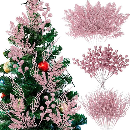 75 Pcs Christmas Glitter Branches 3 Styles Artificial Christmas Picks Berries Stems Pine Needles Floral Twig Spray for Xmas Tree Ornaments DIY Wreath Garland(Pink)