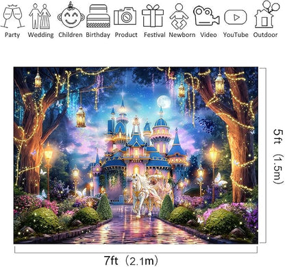 Riyidecor Princess Castle Backdrop Polyester Fabric Garden Floral Vines Trees Lights Starry Night Scenery 7Wx5H Feet Wonderland Photography Background Bridal Shower Wedding Birthday Photo Studio Shoot